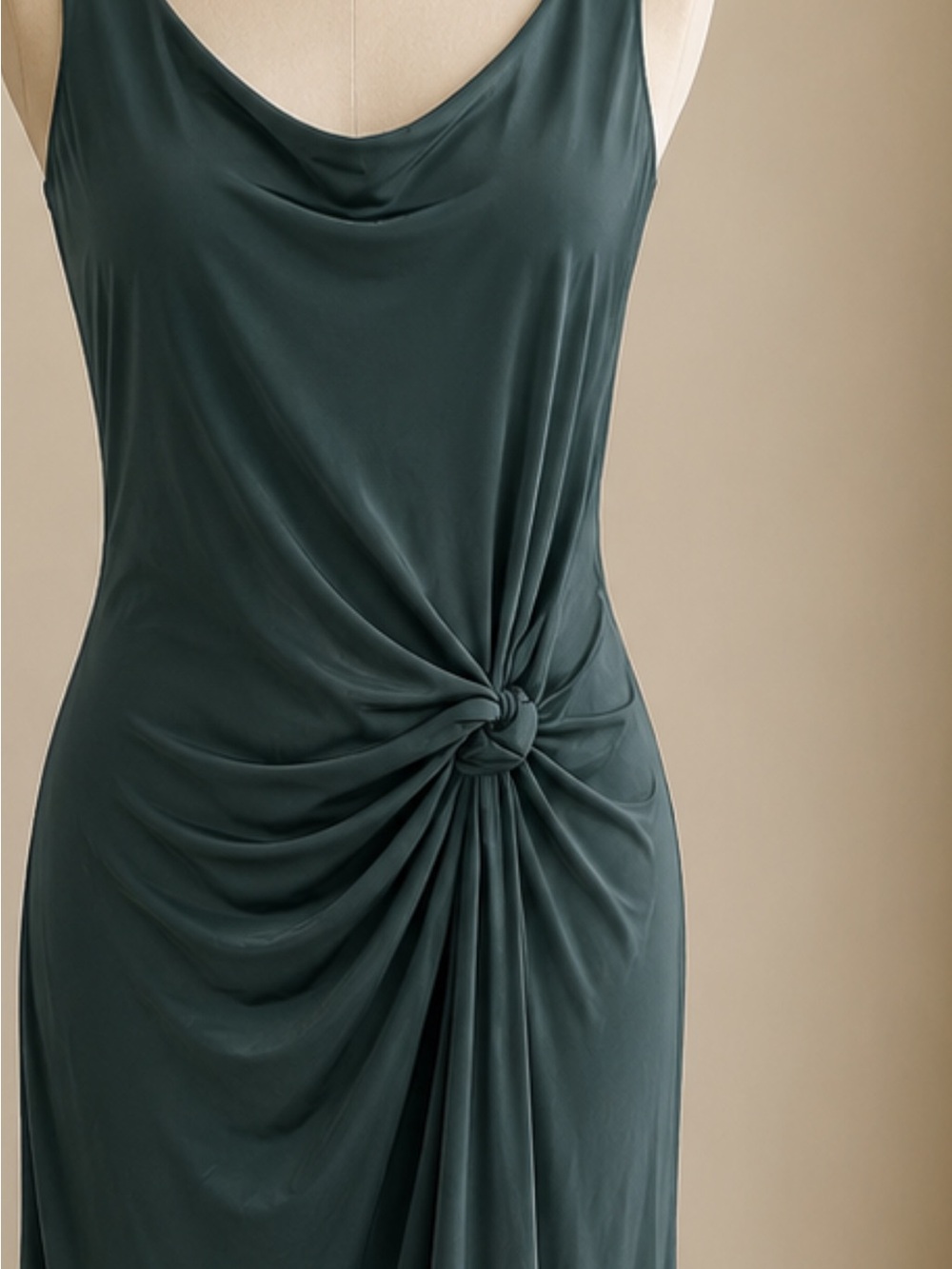 Premier Amour Draped Asymmetrical Olive Green Knot-Front Women's Dress